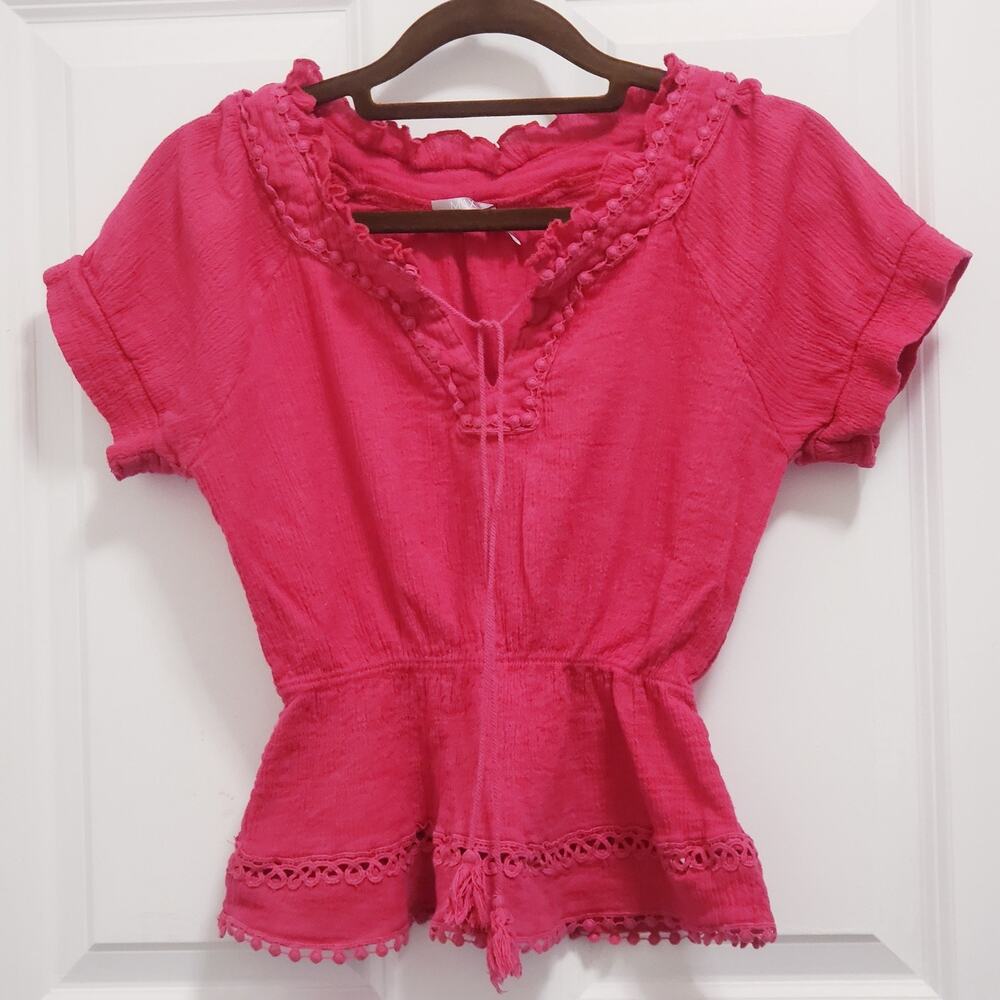 Max Cotton Vintage-Style Magenta Textured Ruffle Blouse Small #A96PJ